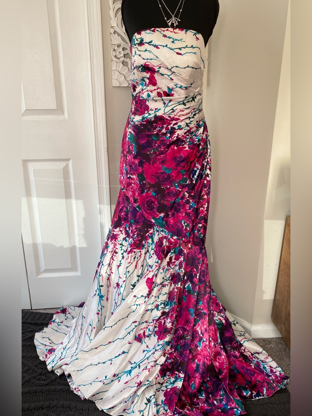 Vintage Cache 90s Y2K Floral Mermaid Gown Strapless Formal Prom Evening Dress 6